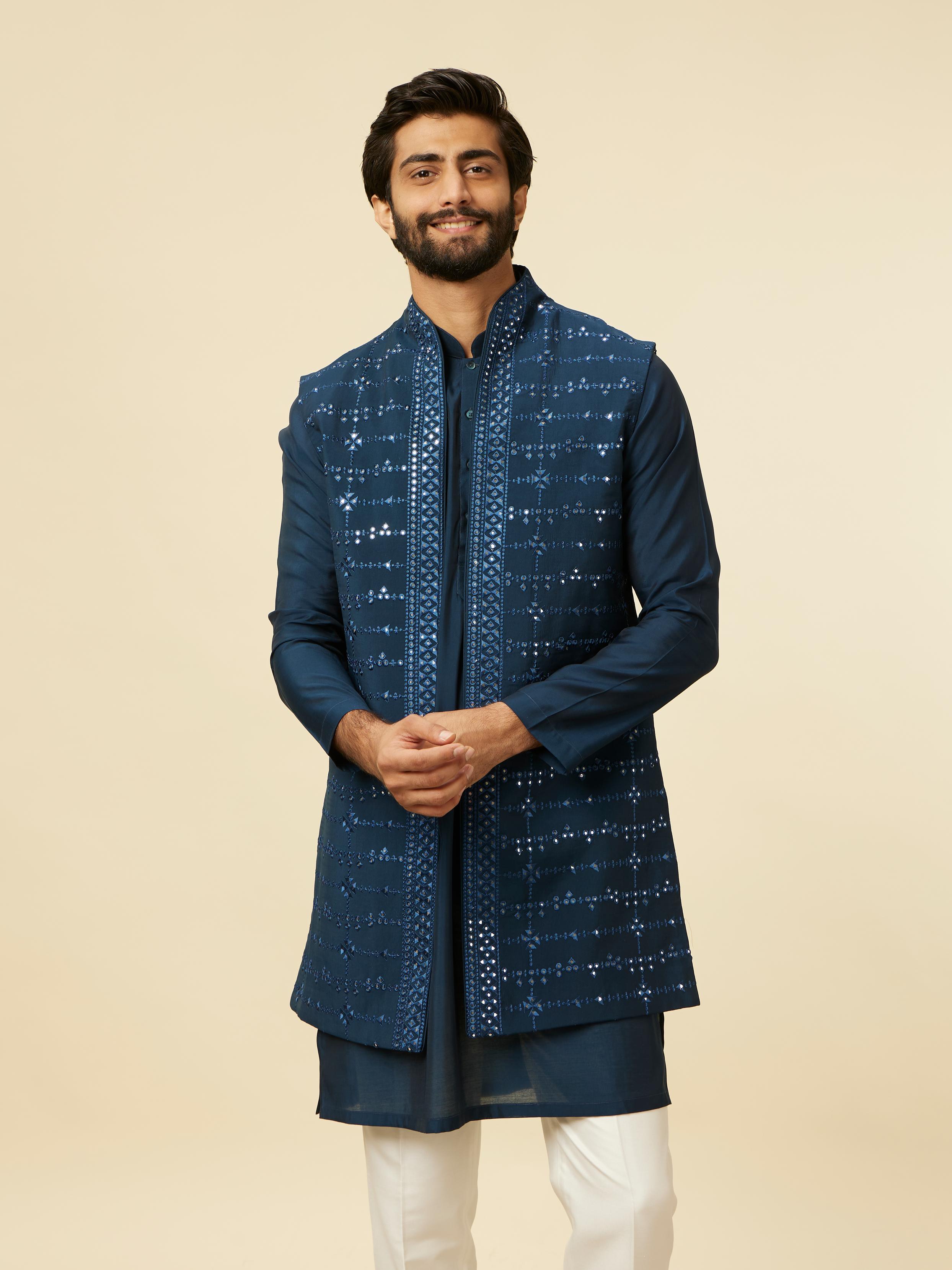 Twamev Men Teal Blue Kurta Jacket Set
