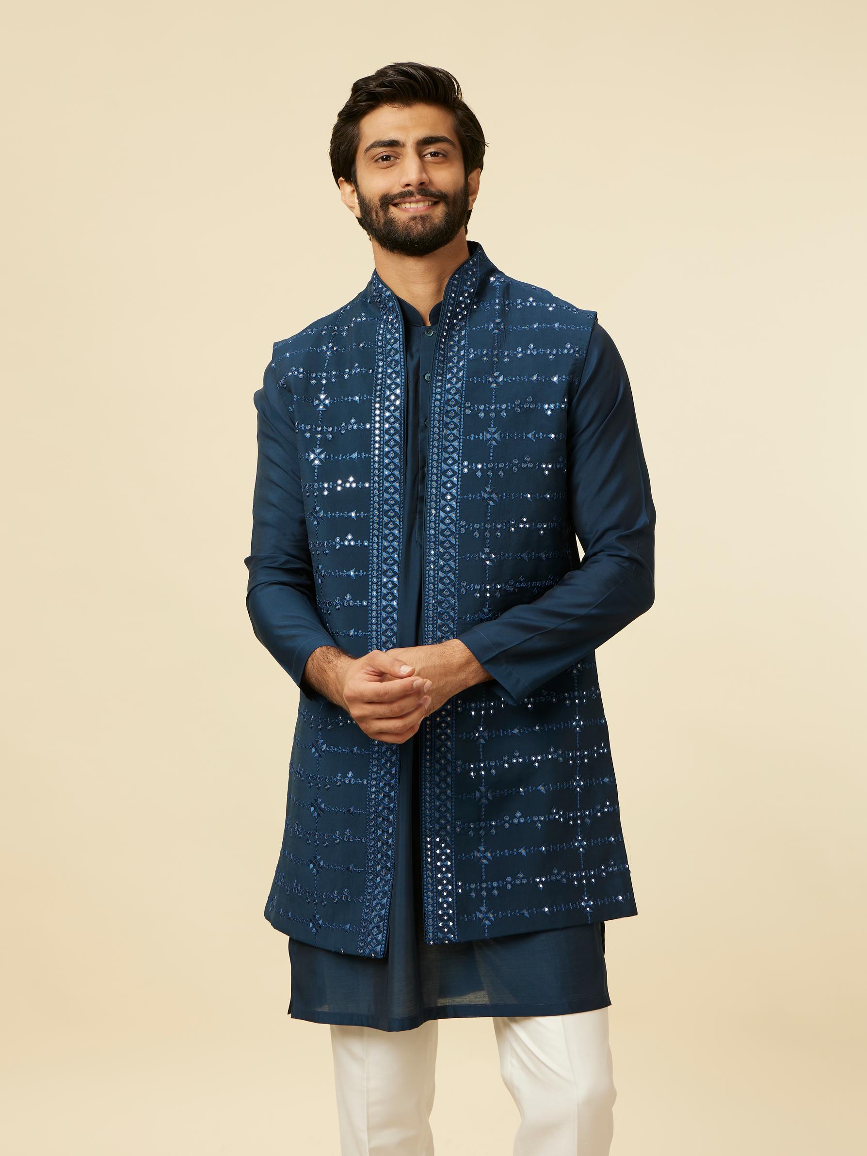 Twamev Men Teal Blue Kurta Jacket Set