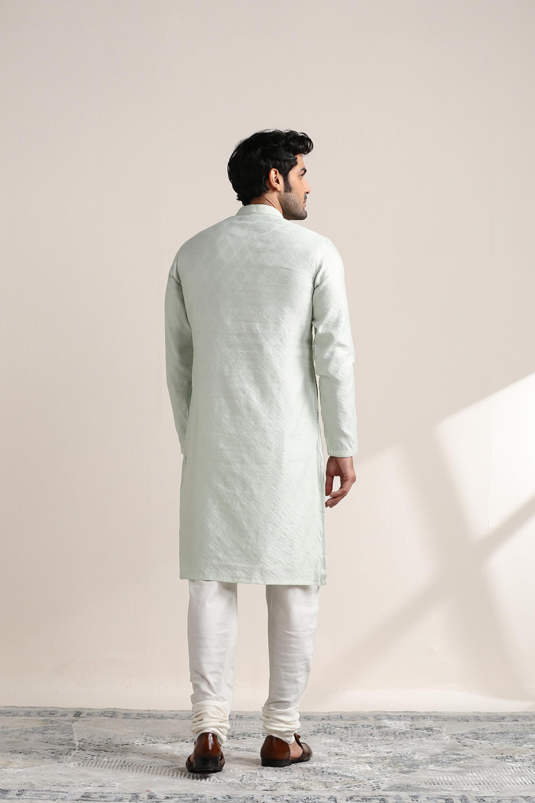 Twamev Men Pale Aqua Green Jacquard Patterned Kurta Set