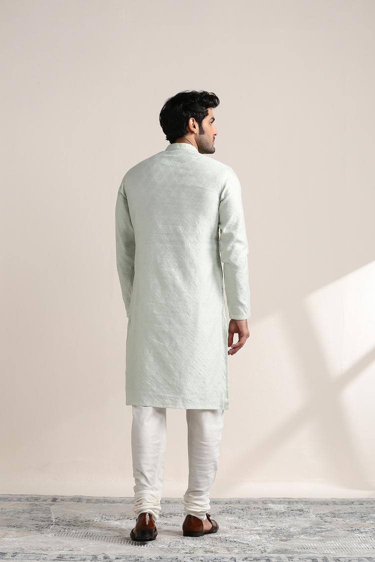 Twamev Men Pale Aqua Green Jacquard Patterned Kurta Set