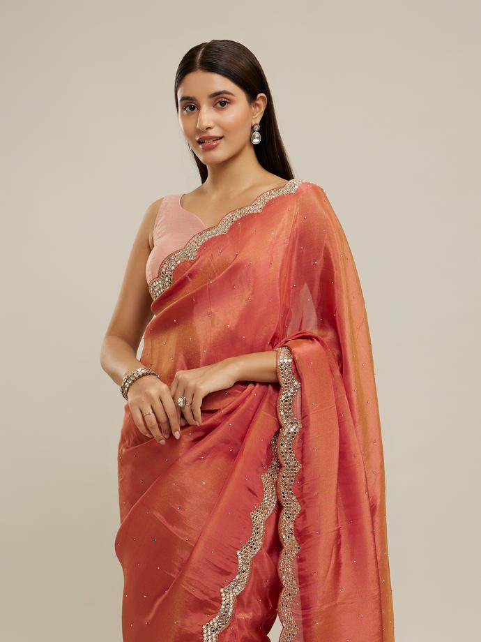Twamev Women Glorious Rust Red Tissue Saree