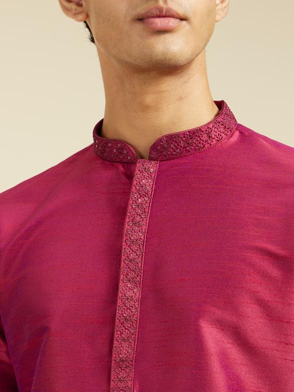 Diwas Men Rani Pink Plain Kurta With Sequinned Neckline