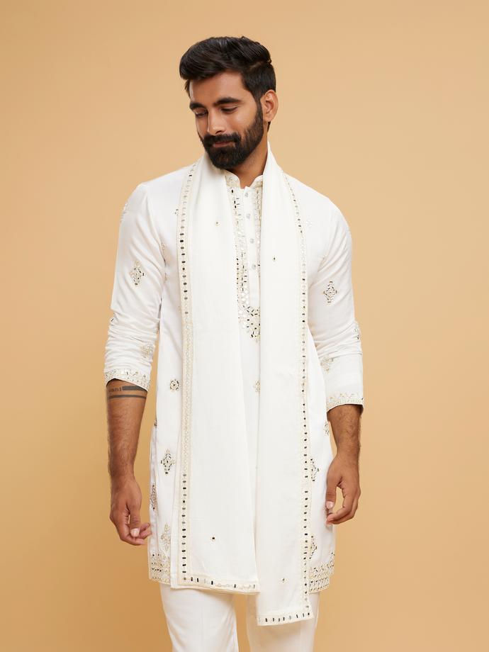 Twamev Men Gleaming Cream Satin Kurta Set with Dupatta