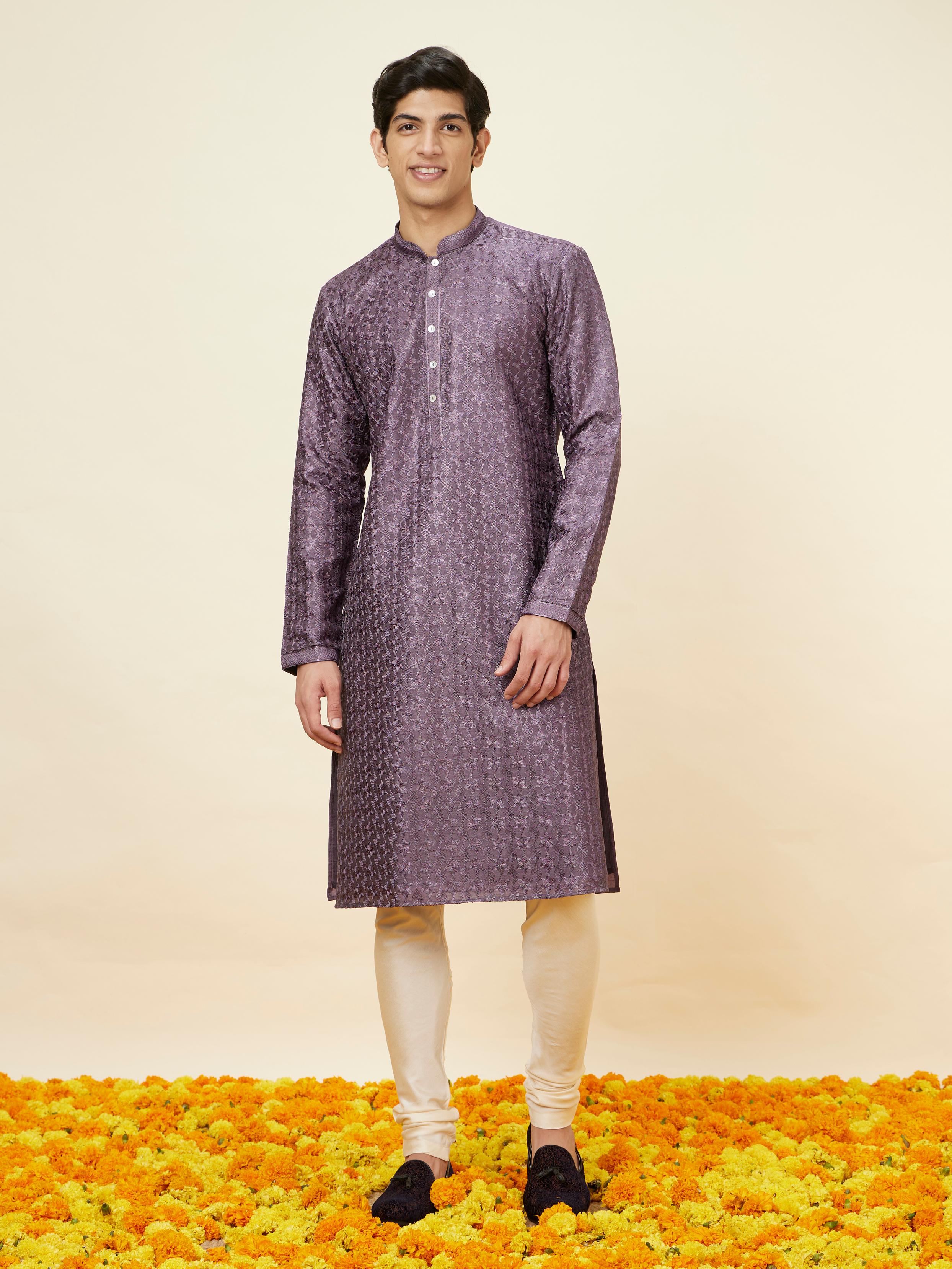 Twamev Men Amethyst Purple Floral Jaal Embroidered Kurta Set
