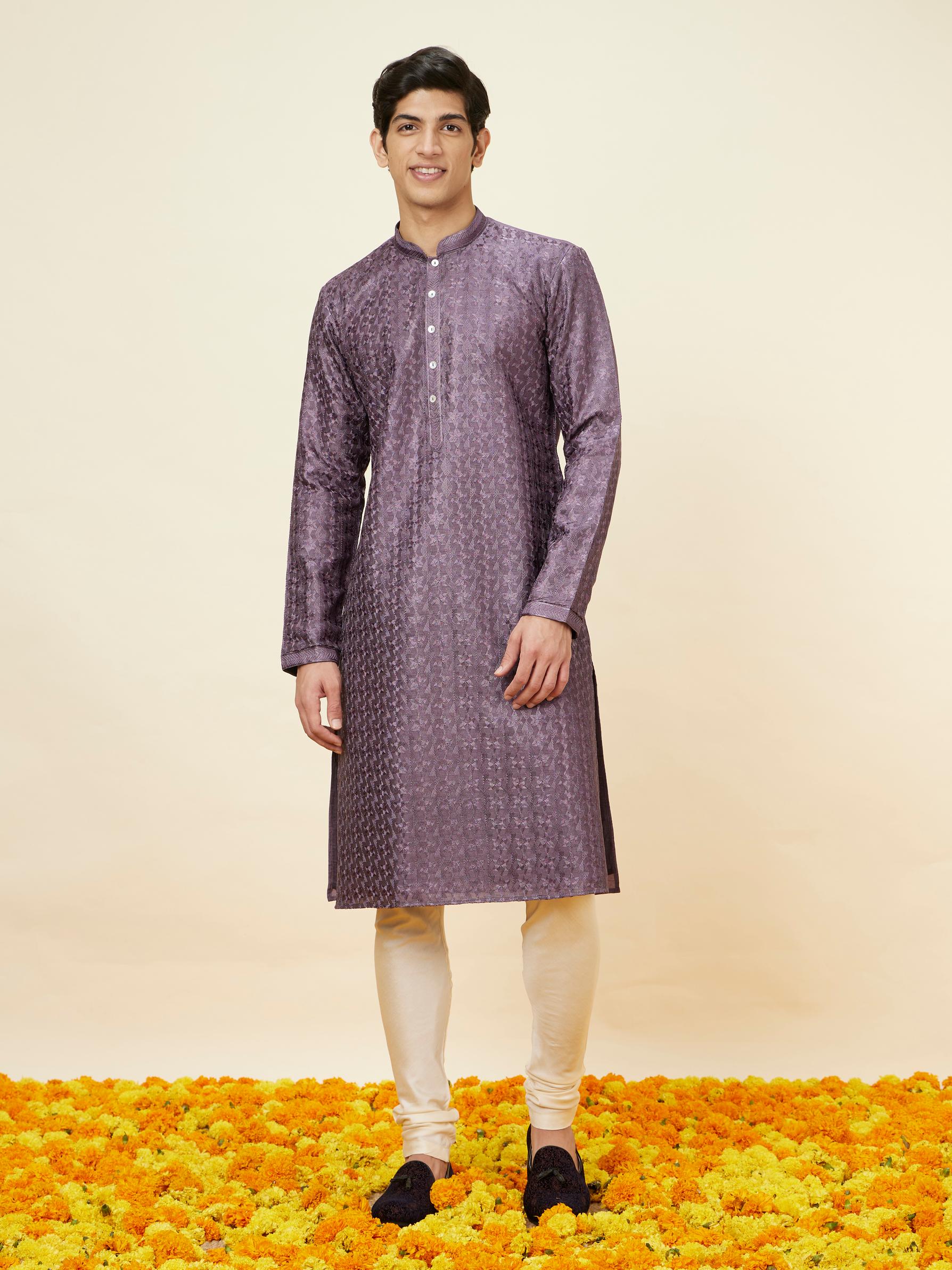 Twamev Men Amethyst Purple Floral Jaal Embroidered Kurta Set
