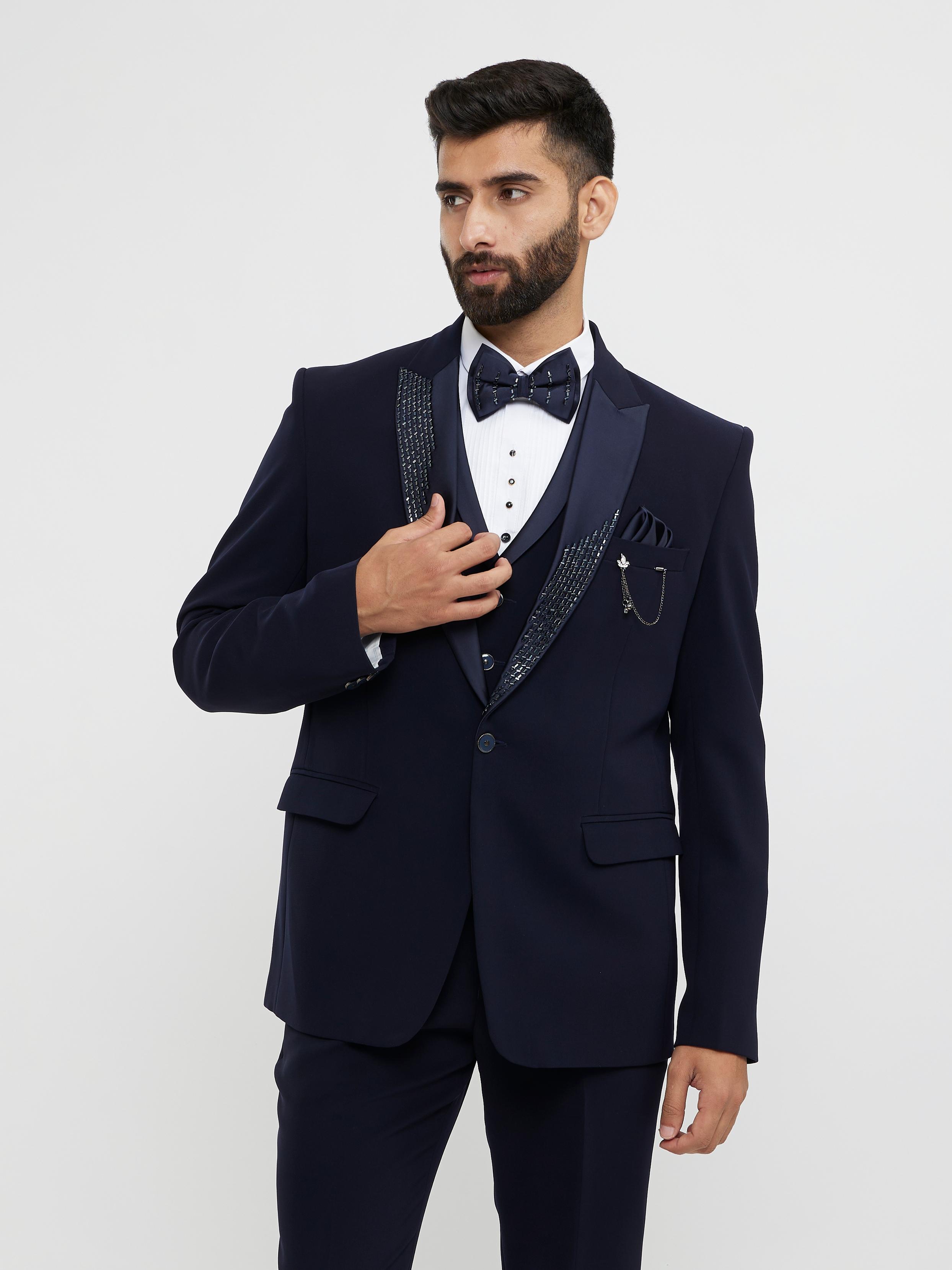 Twamev Men Indigo Blue Plain Classic Suit Set with Cutdana Work
