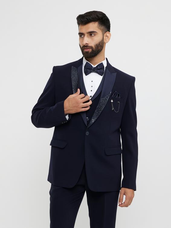 Twamev Men Indigo Blue Plain Classic Suit Set with Cutdana Work