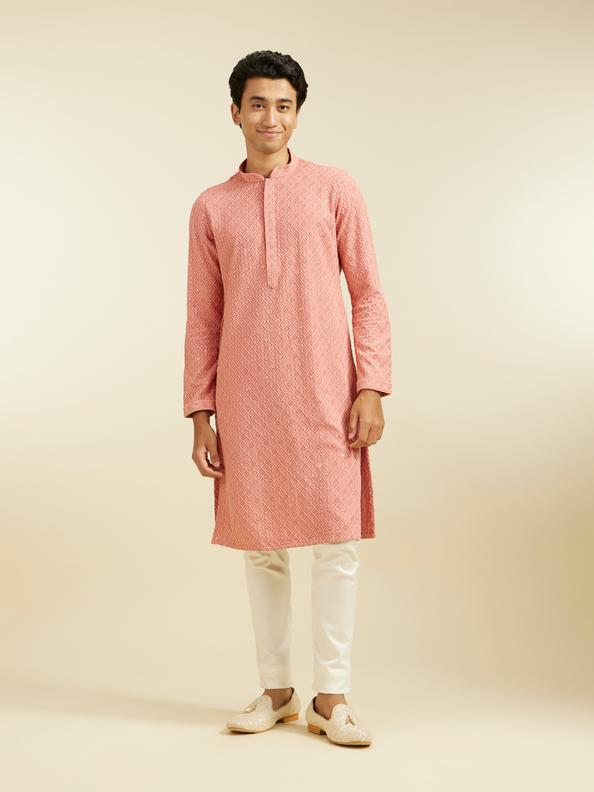 Diwas Men Coral Peach Chikankari Kurta With Sequins