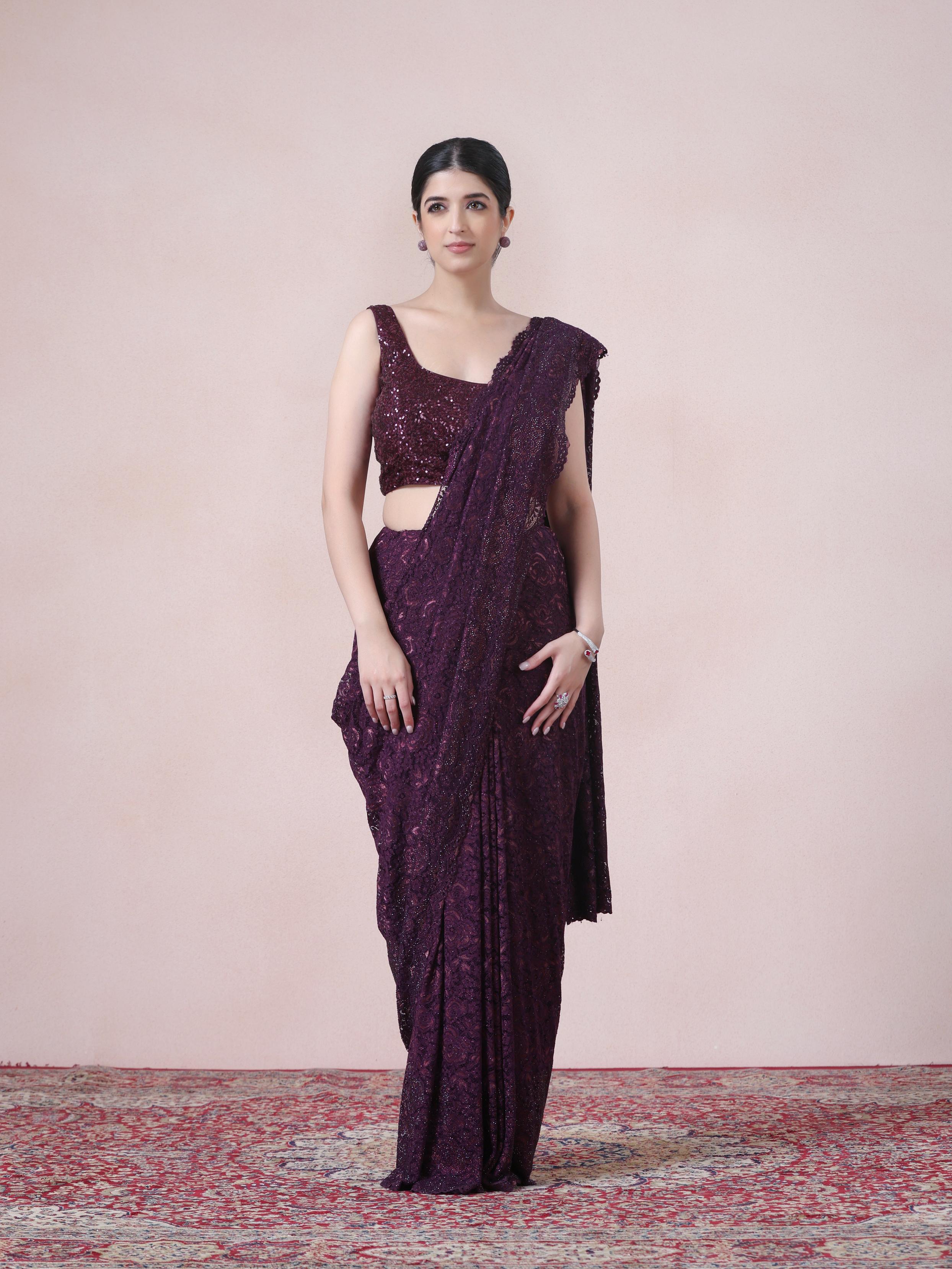 Twamev Women Designer Dark Purple Net Saree