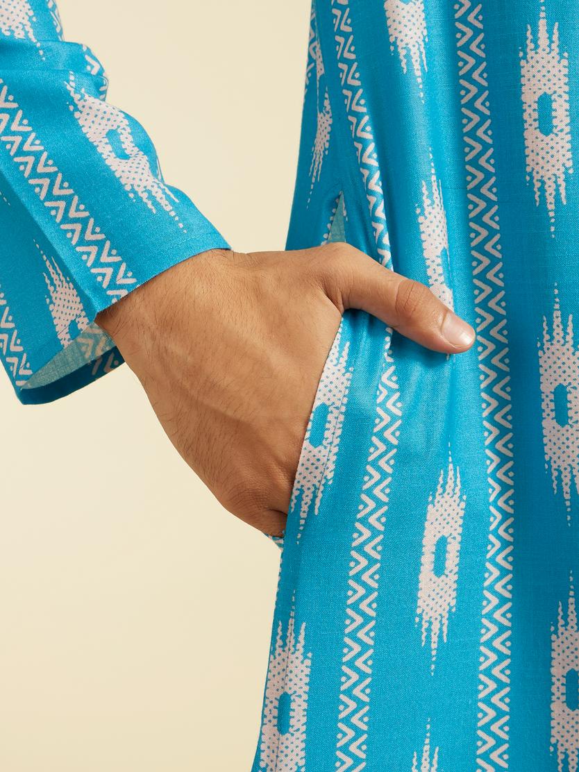 Diwas Men Turquoise Blue Ikat Inspired Patterned Kurta