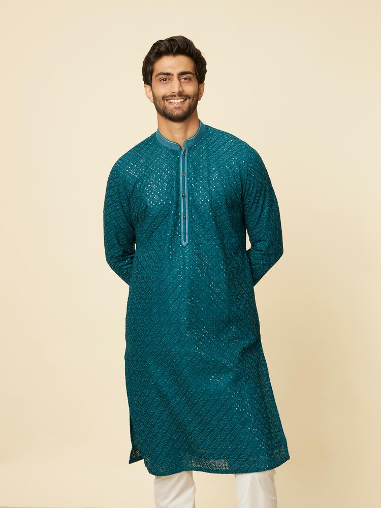 Twamev Men Teal Blue Chikankari Kurta Set