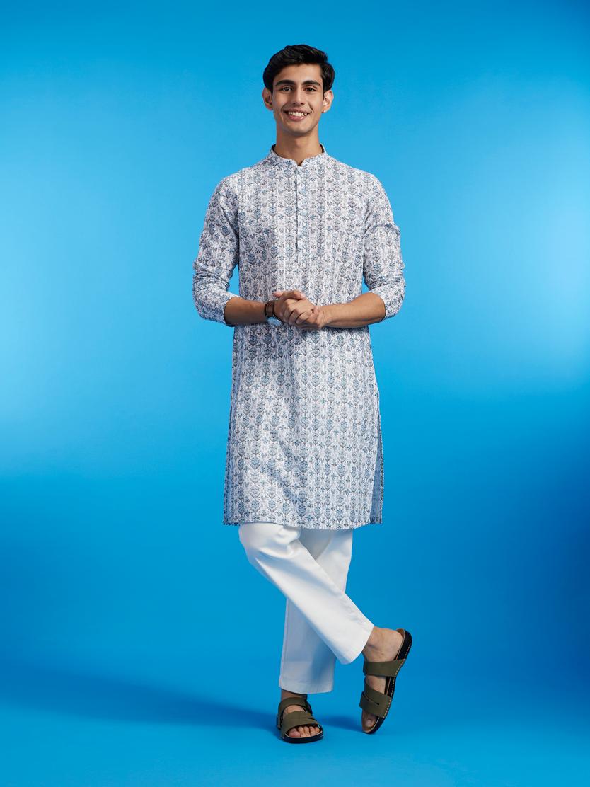 Diwas Men White & Aqua Green Medallion Printed Kurta