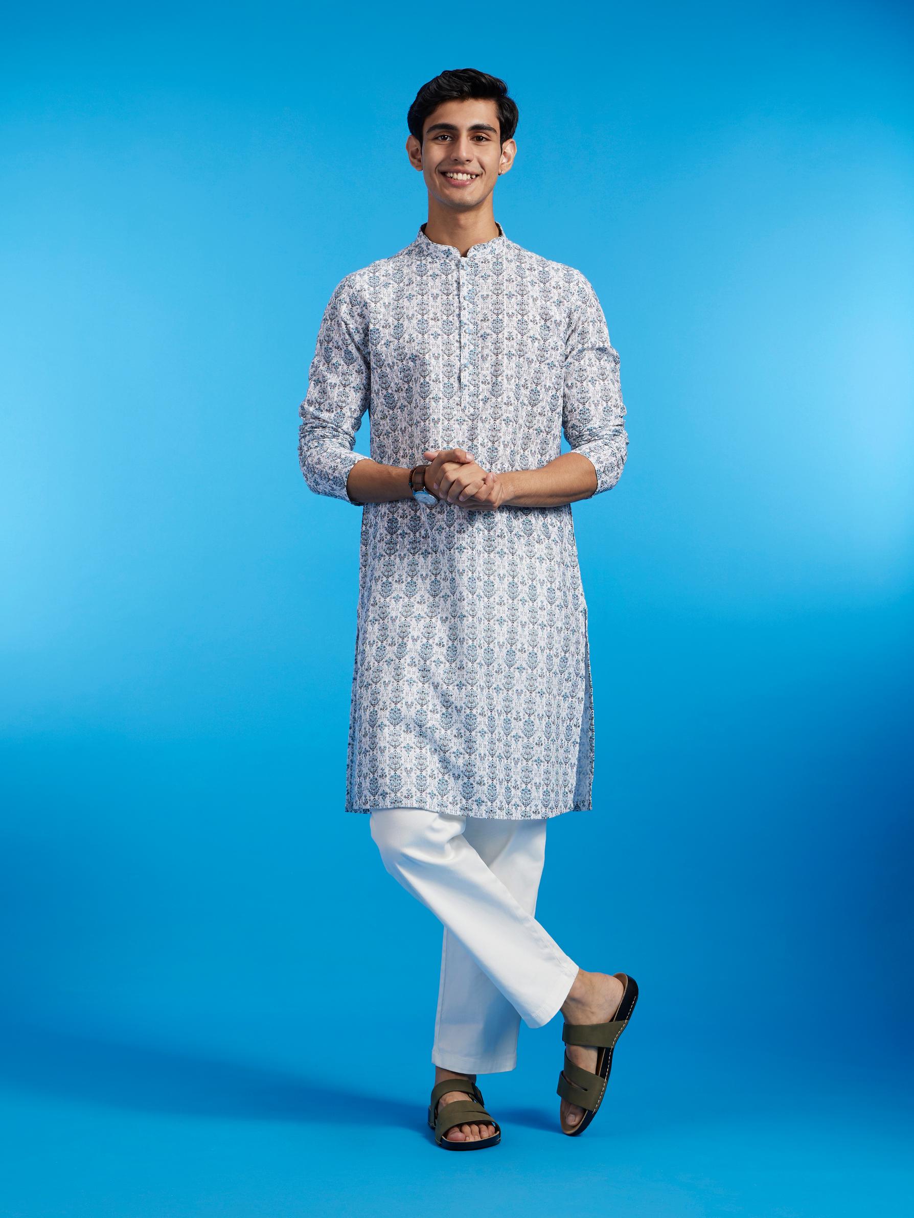 Diwas Men White & Aqua Green Medallion Printed Kurta