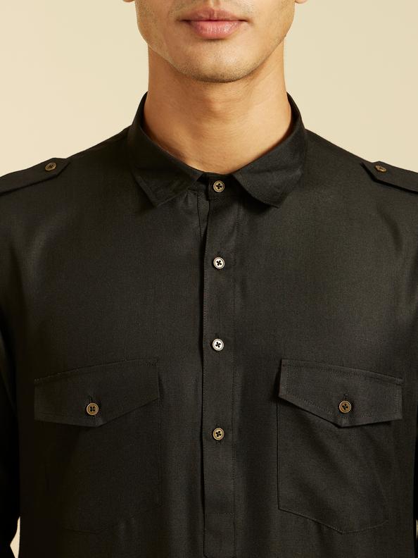Diwas Men Midnight Black Paithani Style Kurta with Cuffed Sleeves