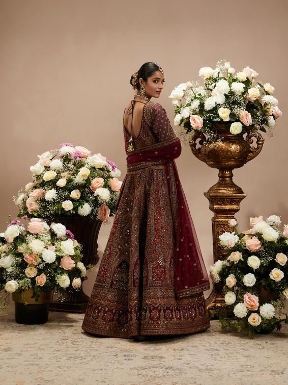 Twamev Women Maroon Red Jhallar Patterned Lehenga with Peacock And Pillow Trim Latkans