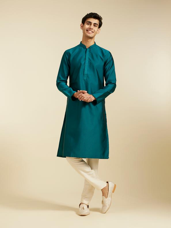 Diwas Men Teal Green Lattice Patterned Kurta