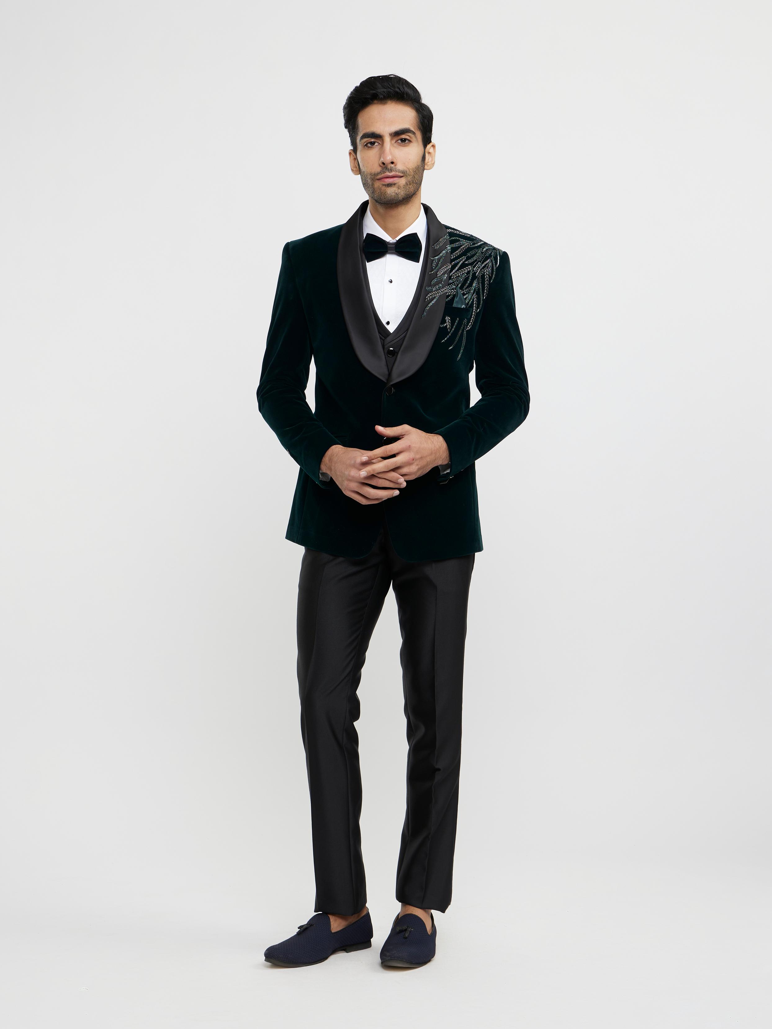 Twamev Men Elegant Dark Green Velvet Suit Set