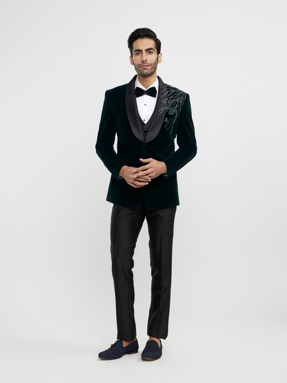 Twamev Men Elegant Dark Green Velvet Suit Set