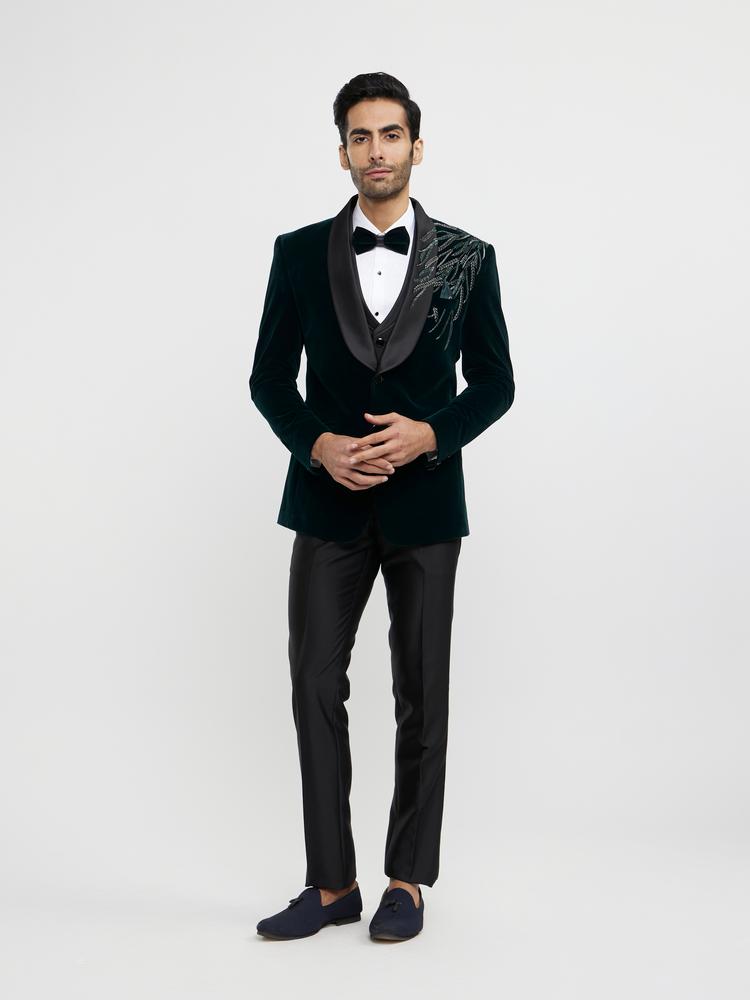 Twamev Men Elegant Dark Green Velvet Suit Set