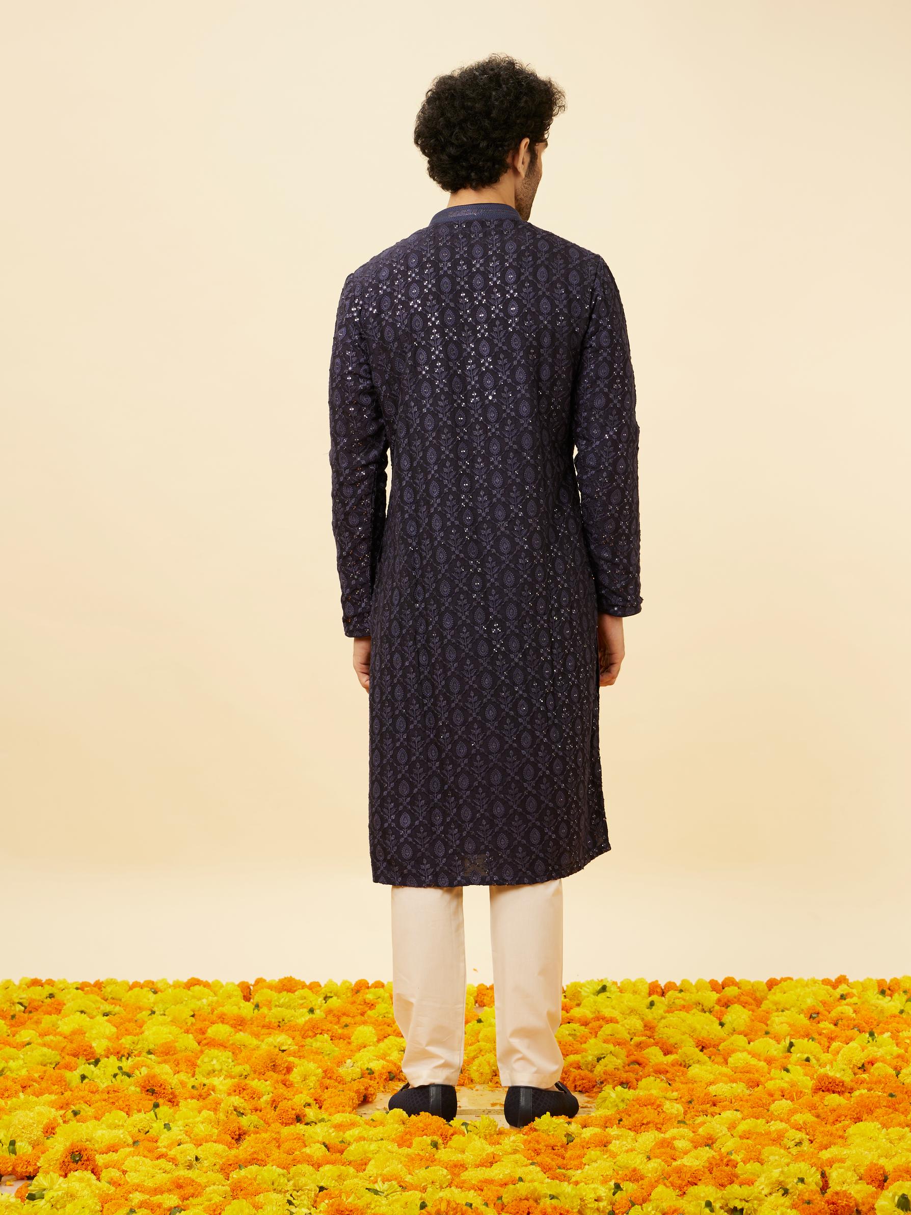 Twamev Men Navy Blue Sequined Shankh Motif Kurta Set