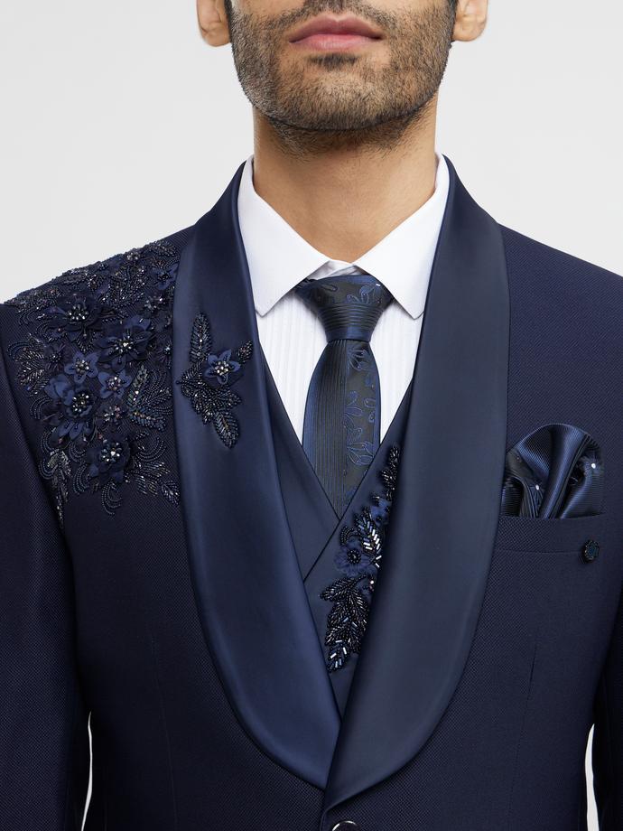 Twamev Men French Navy Blue Suit Set with Sequin Embellishment