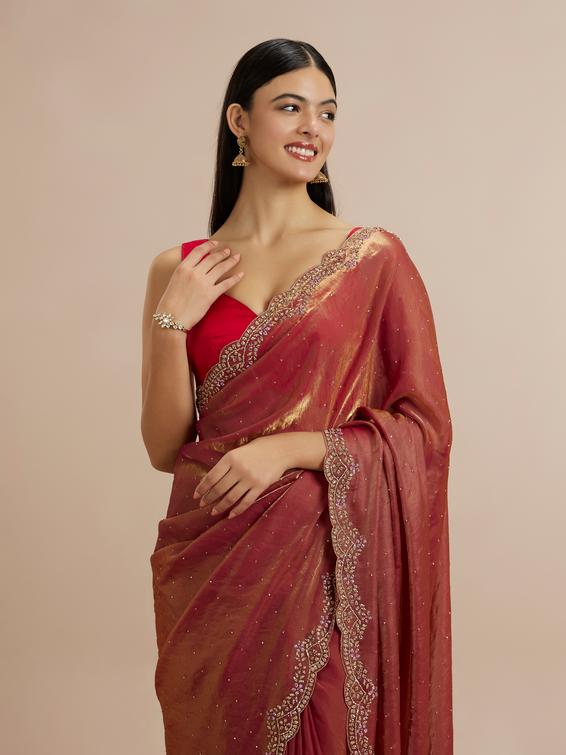 Twamev Women Radiant Rust Red Satin Saree