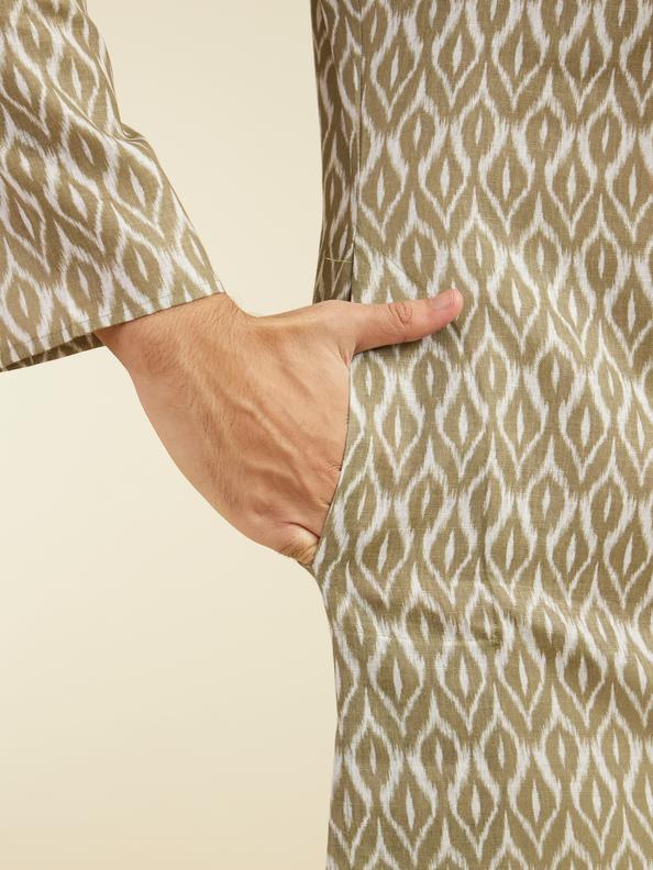 Diwas Men Olive Green Ikat Print Kurta