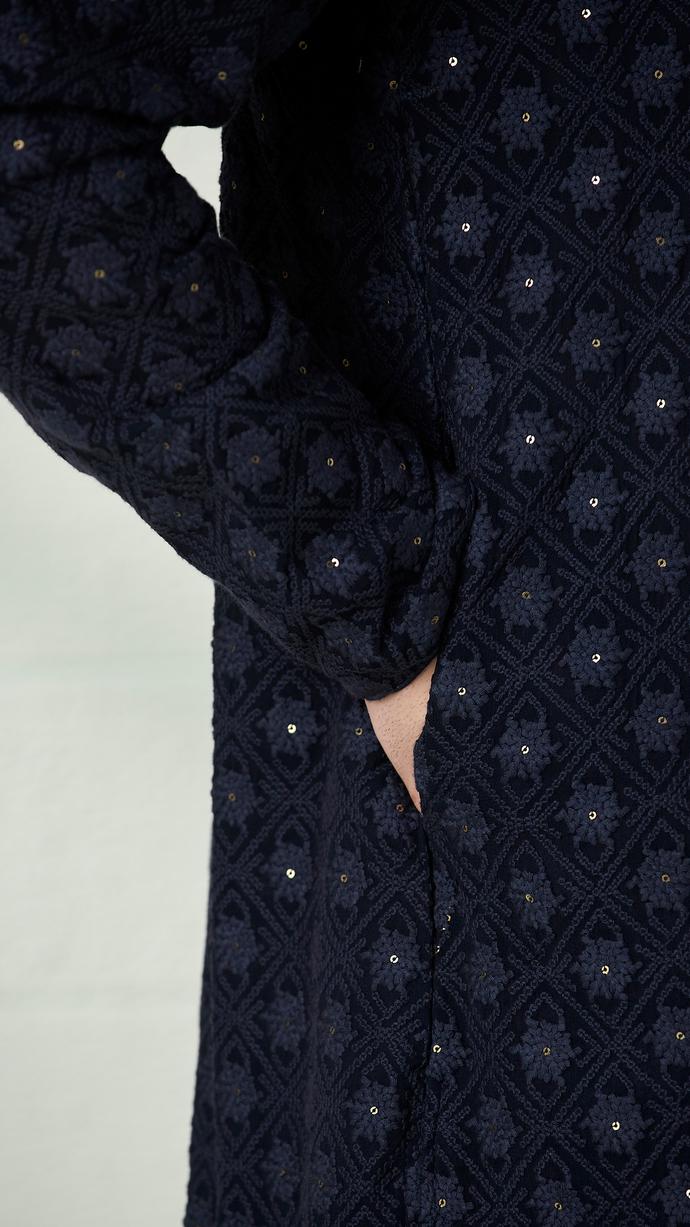 Twamev Men Midnight Blue Chikankari Embroidered Kurta Set