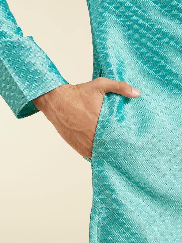 Diwas Men Aqua Green Lattice Patterned Kurta with Striped Placket