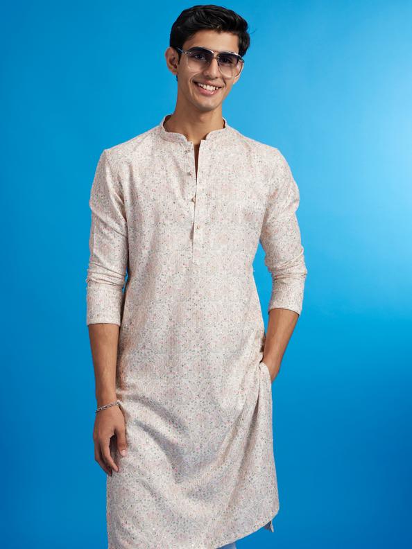 Diwas Men Cream Beige Paisley Patterned Kurta with Rhinestones