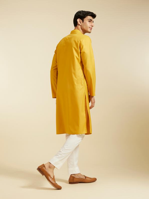 Diwas Men Mustard Yellow Plain Classic Kurta with Embroidered Neckline
