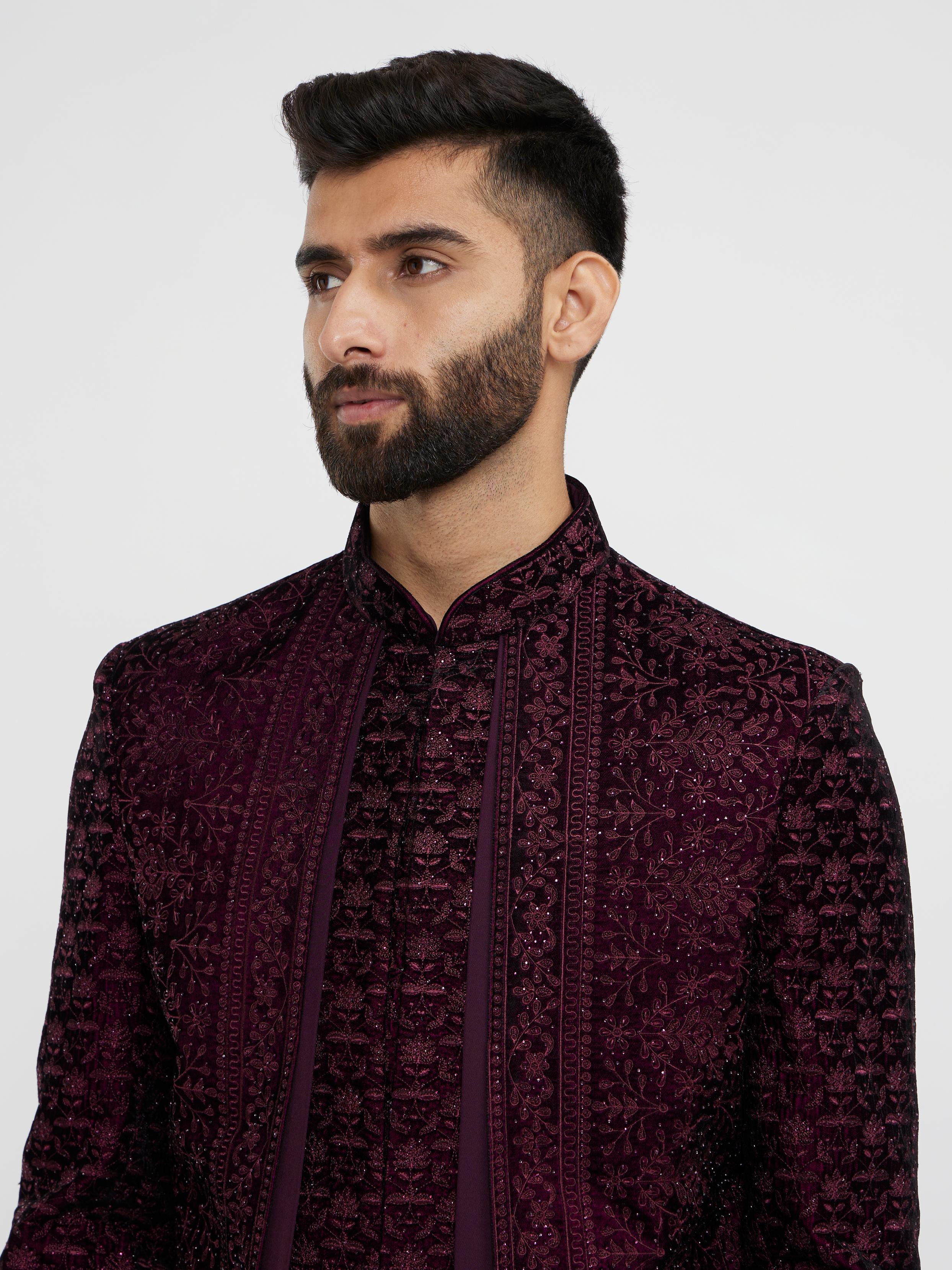 Twamev Men Wine Red Bel Buti Embroidered Indo-Western Set with Stone Work