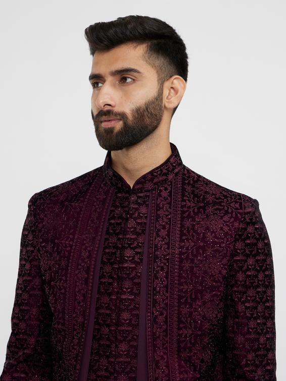 Twamev Men Wine Red Bel Buti Embroidered Indo-Western Set with Stone Work