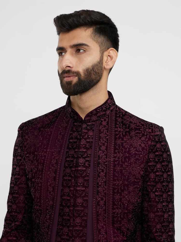 Twamev Men Wine Red Bel Buti Embroidered Indo-Western Set with Stone Work