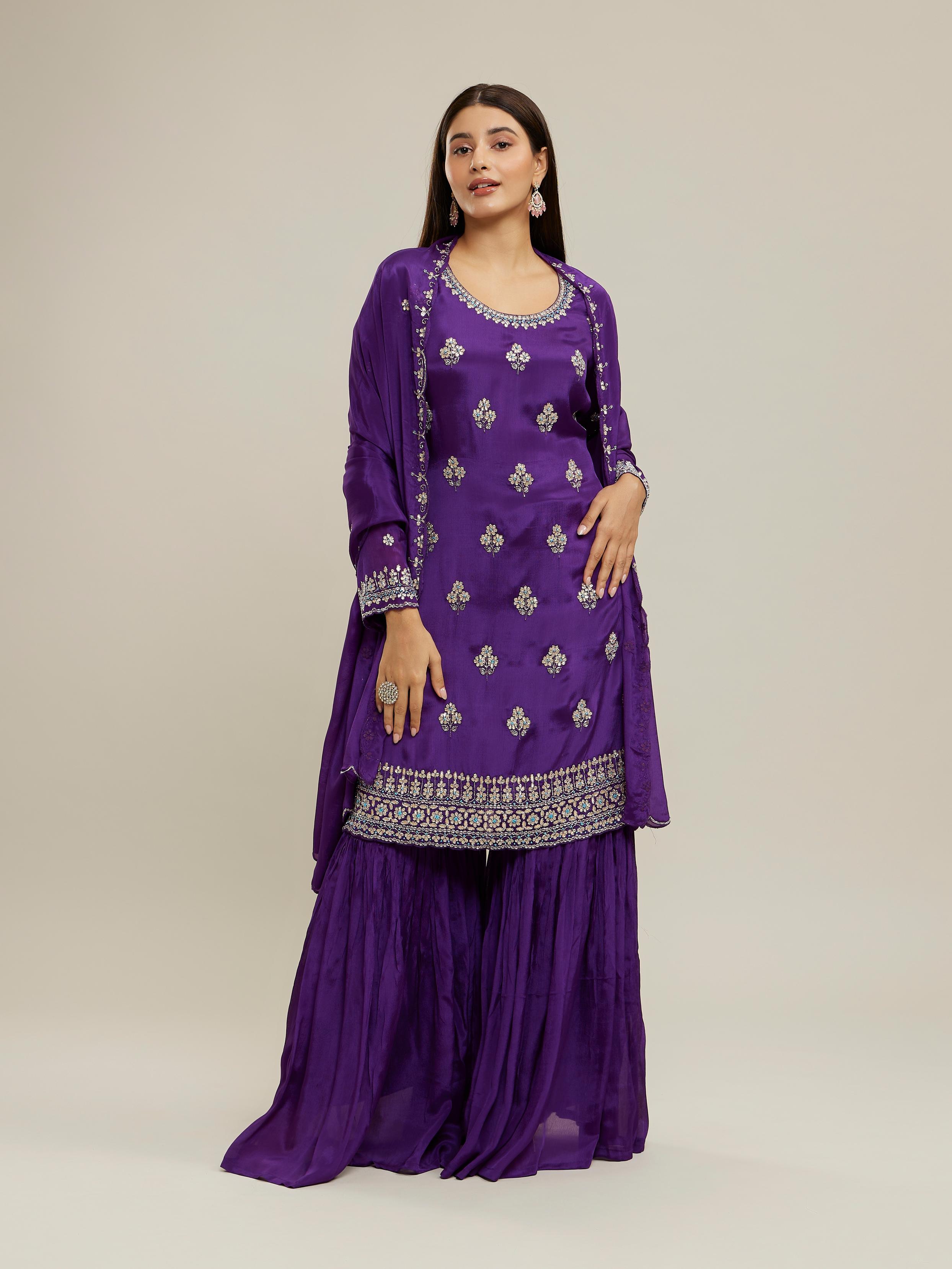 Twamev Women Royal Purple Chinon Stitched Suit