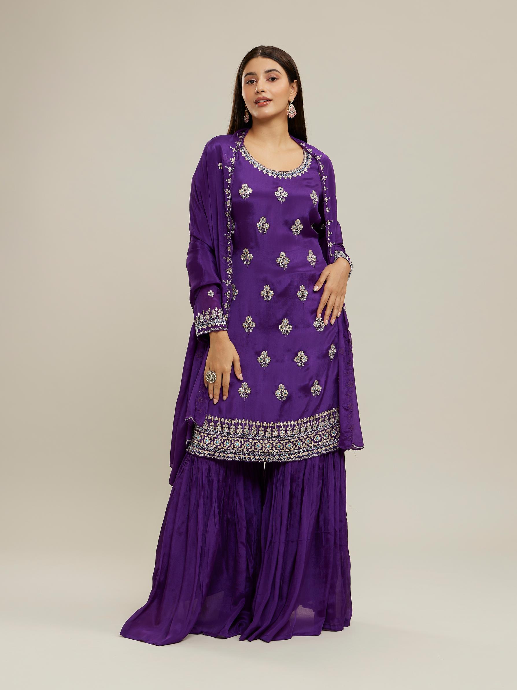 Twamev Women Royal Purple Chinon Stitched Suit
