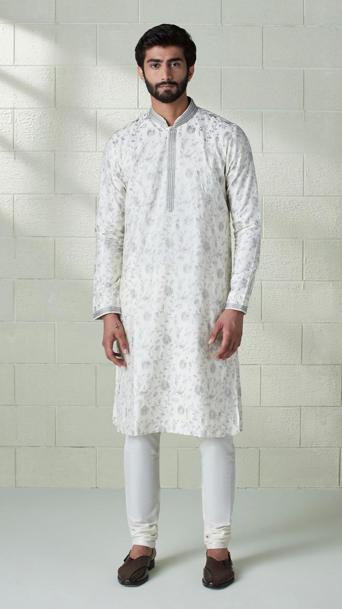 Twamev Men Off white and Silver grey Floral Design Kurta Set