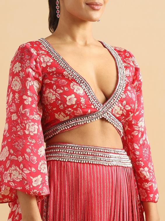 Twamev Women Modern Twist Red Satin Partywear Suit