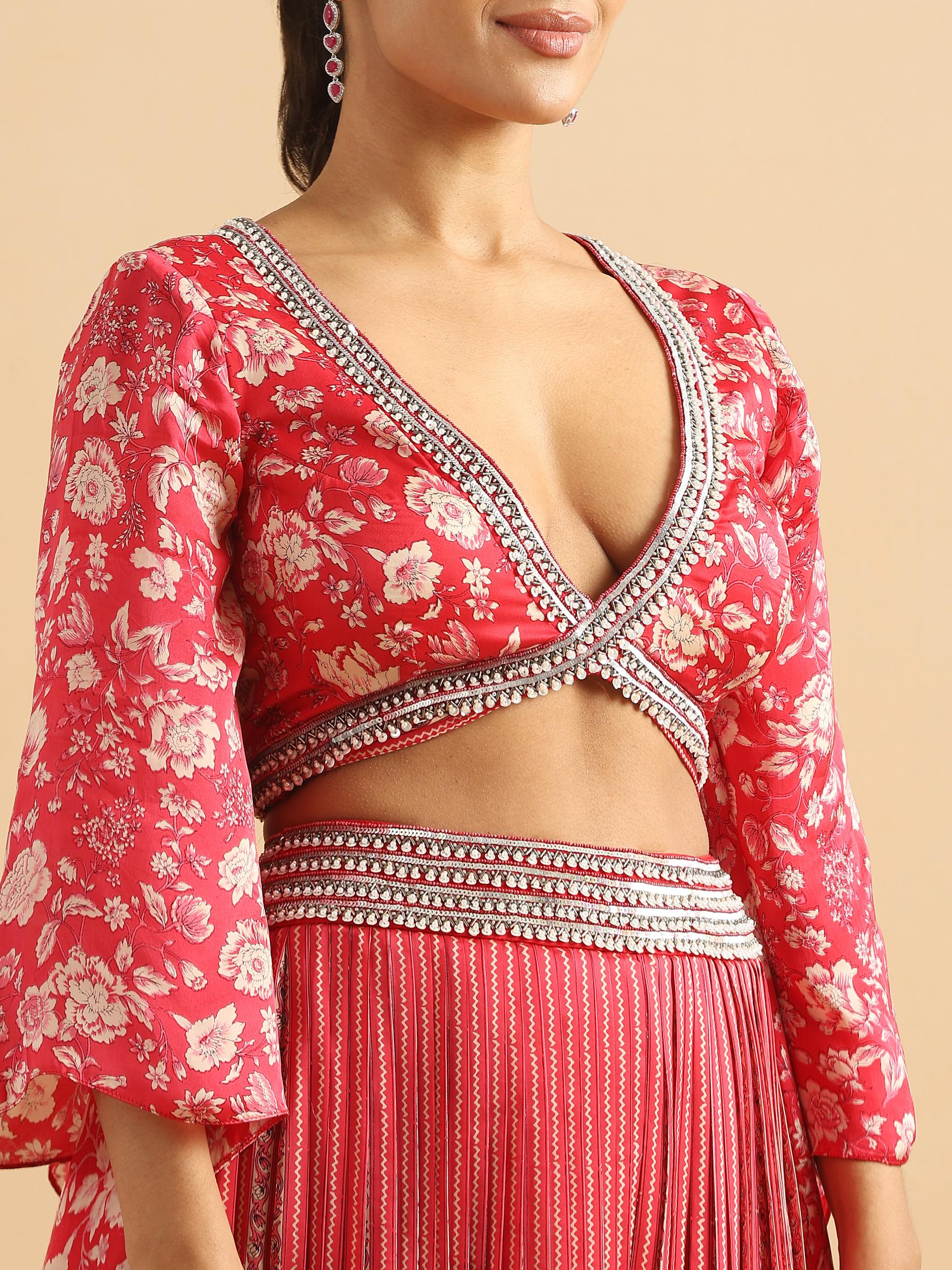 Twamev Women Modern Twist Red Satin Partywear Suit