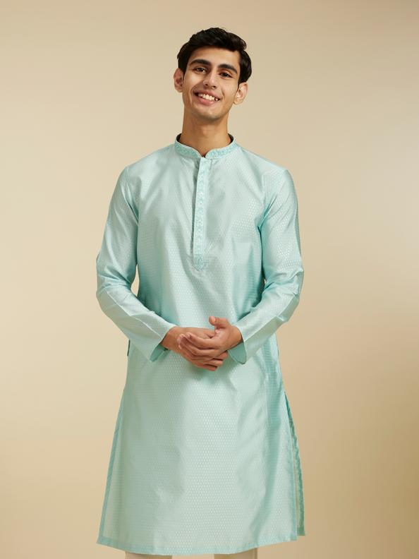 Diwas Men Aqua Green Subtle Self Patterned Kurta with Embroidered Placket