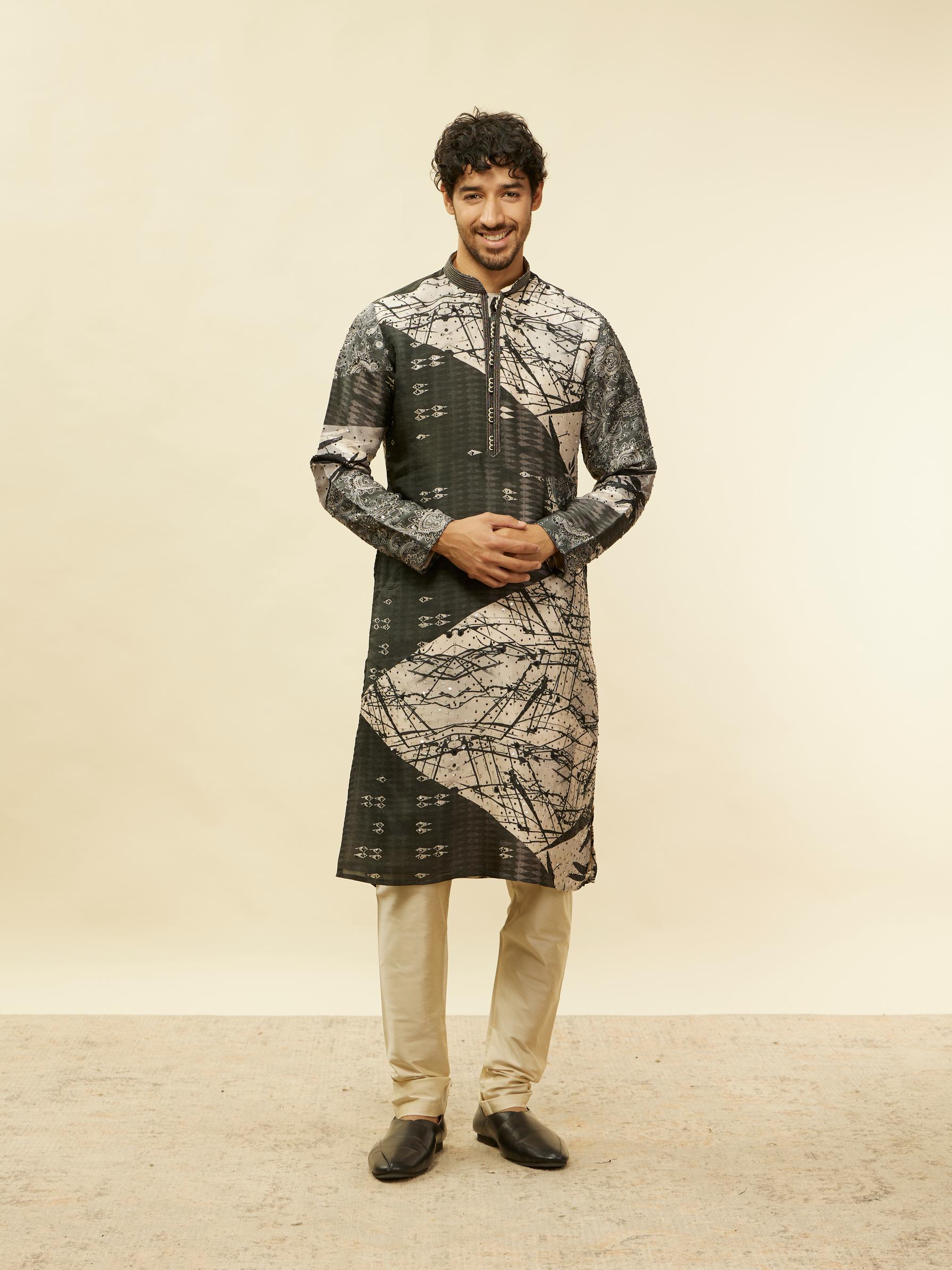 Twamev Men Stand Out Grey Self Print Kurta Set