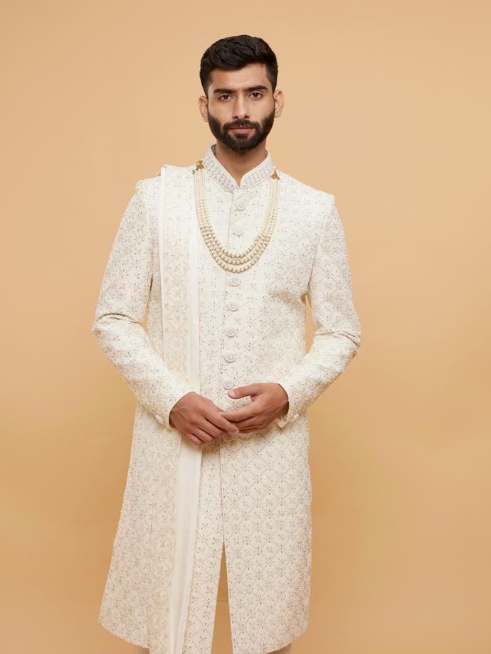 Twamev Men Warm White Grid Patterned Sherwani Set with Sequin Embellishments