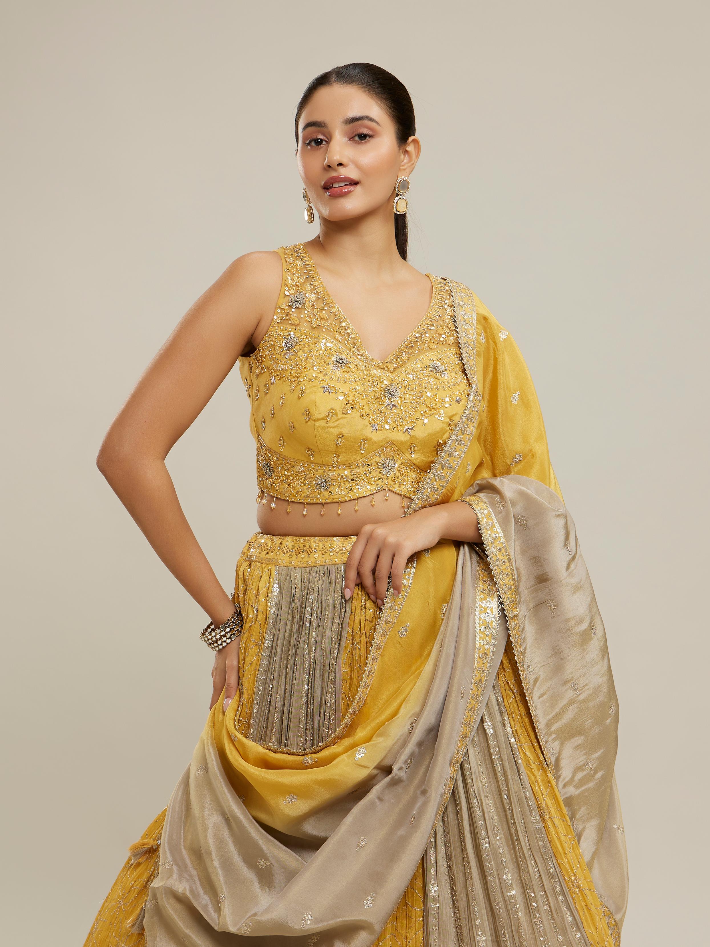 Twamev Women Elegant Cream Yellow Lehenga