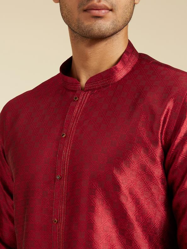 Diwas Men Maroon Red Lattice Patterned Kurta