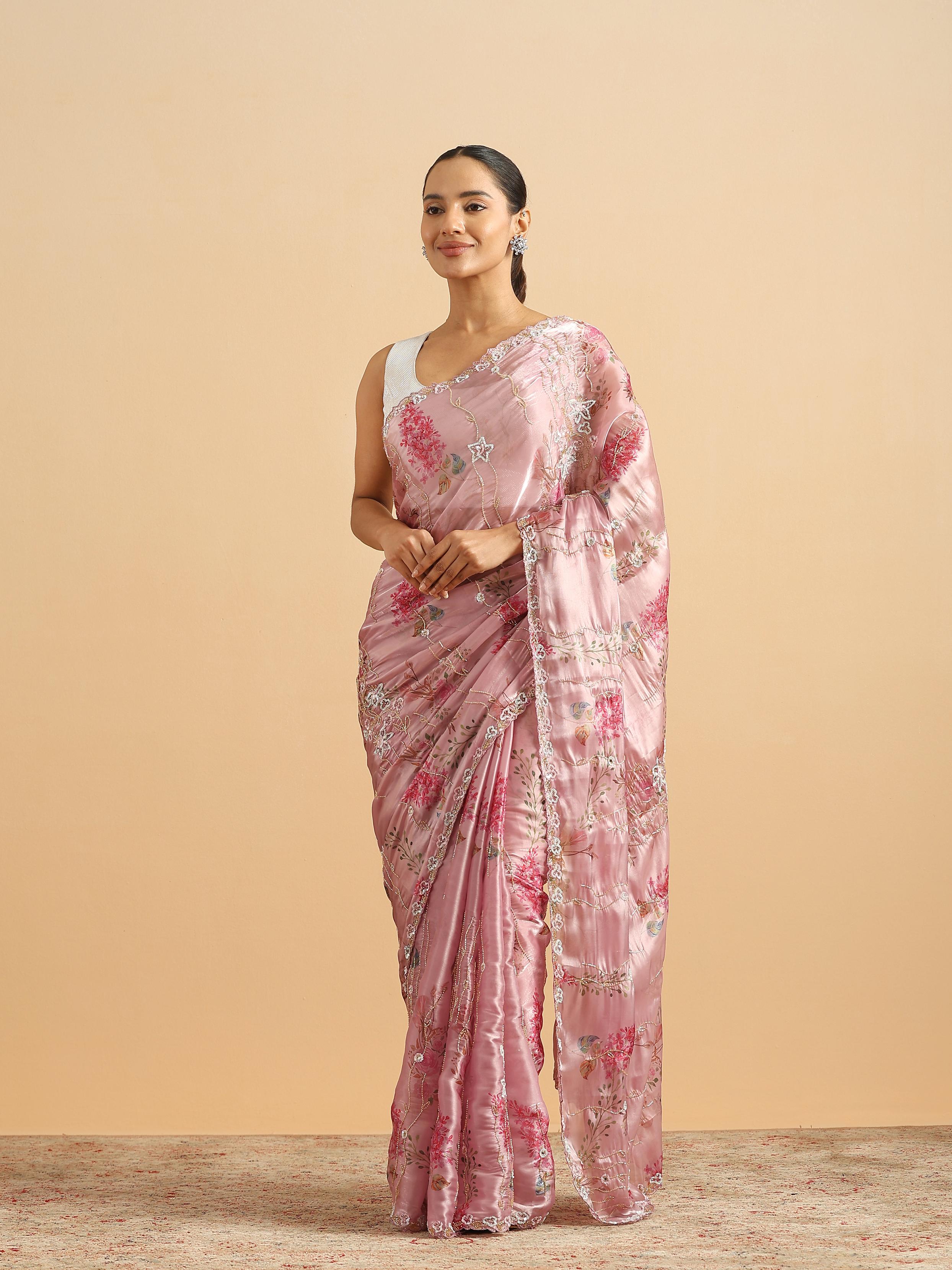 Twamev Women Majestic Purple Floral Organza Saree