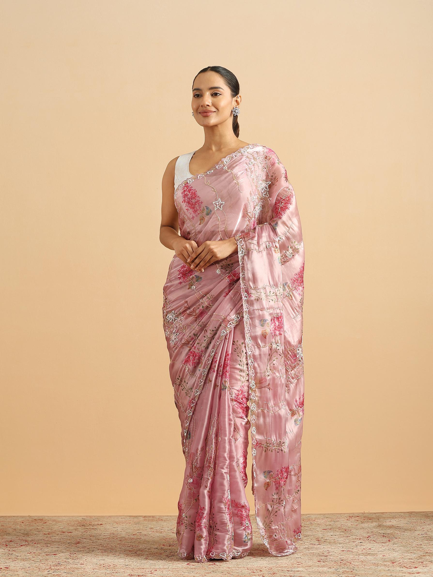 Twamev Women Majestic Purple Floral Organza Saree