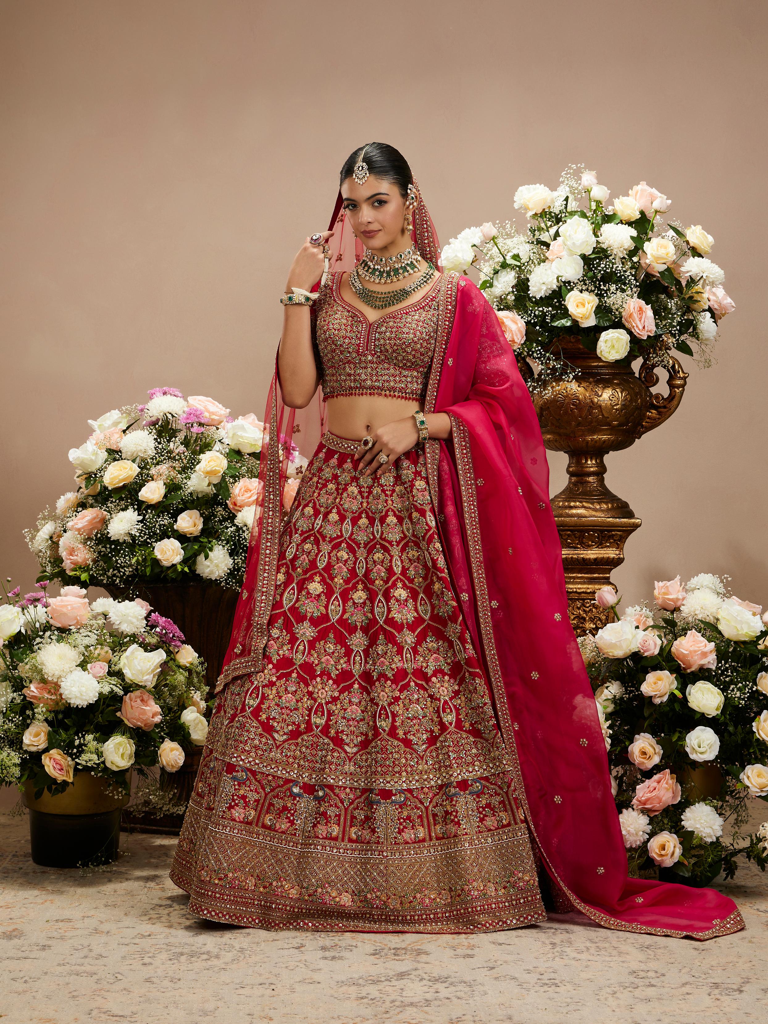 Twamev Women Scarlet Red Jaal Patterned Lehenga with Darbar, Floral Motifs And Sequin Work