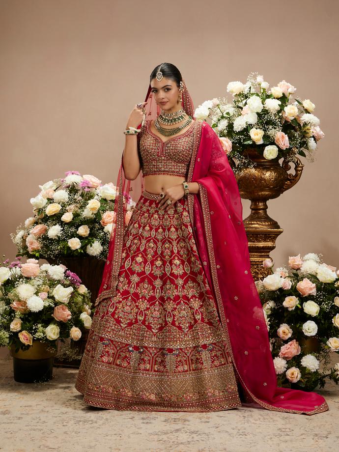 Twamev Women Scarlet Red Jaal Patterned Lehenga with Darbar, Floral Motifs And Sequin Work