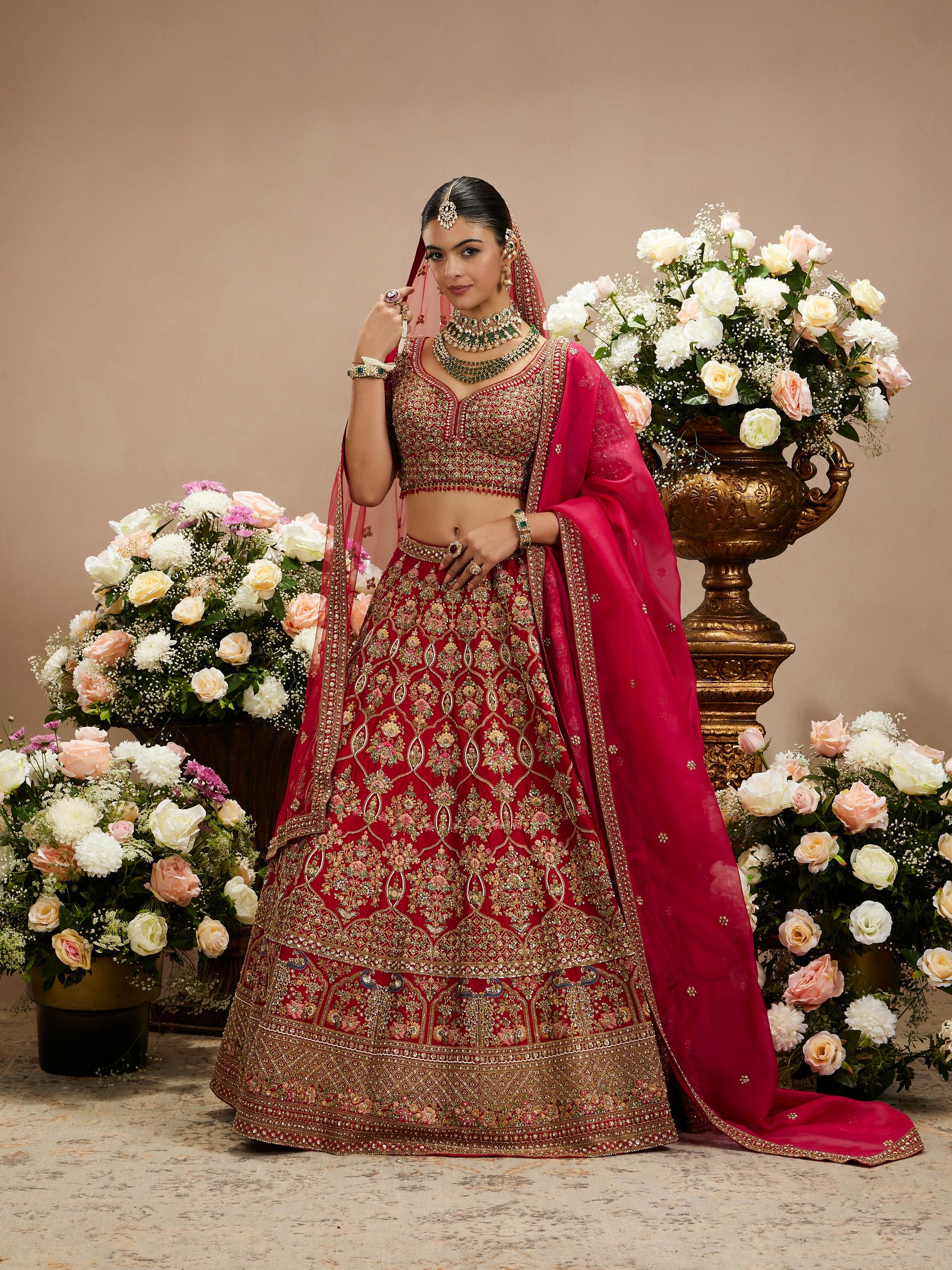 Twamev Women Scarlet Red Jaal Patterned Lehenga with Darbar, Floral Motifs And Sequin Work