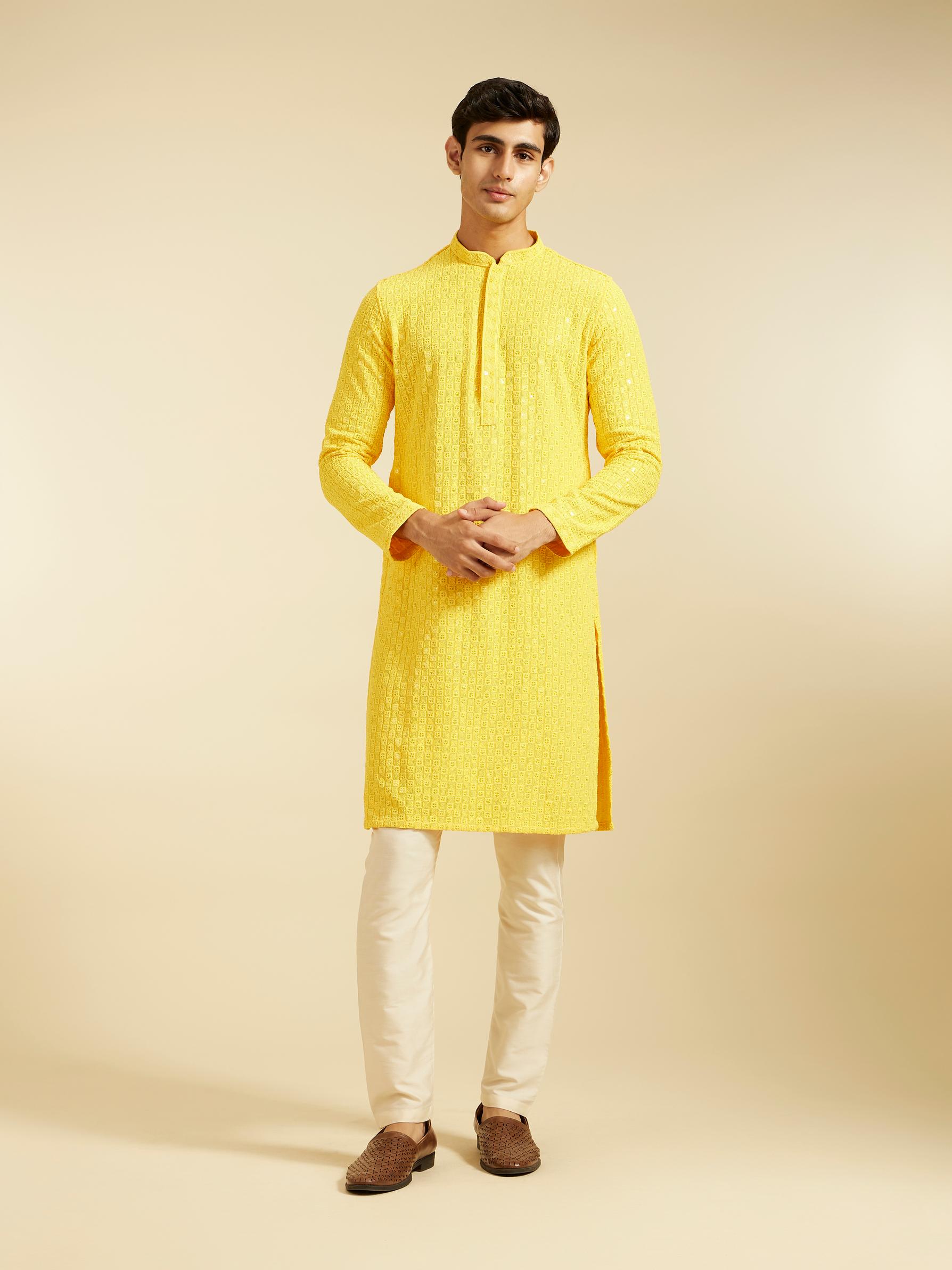 Diwas Men Sunshine Yellow Chikankari Sequinned Kurta